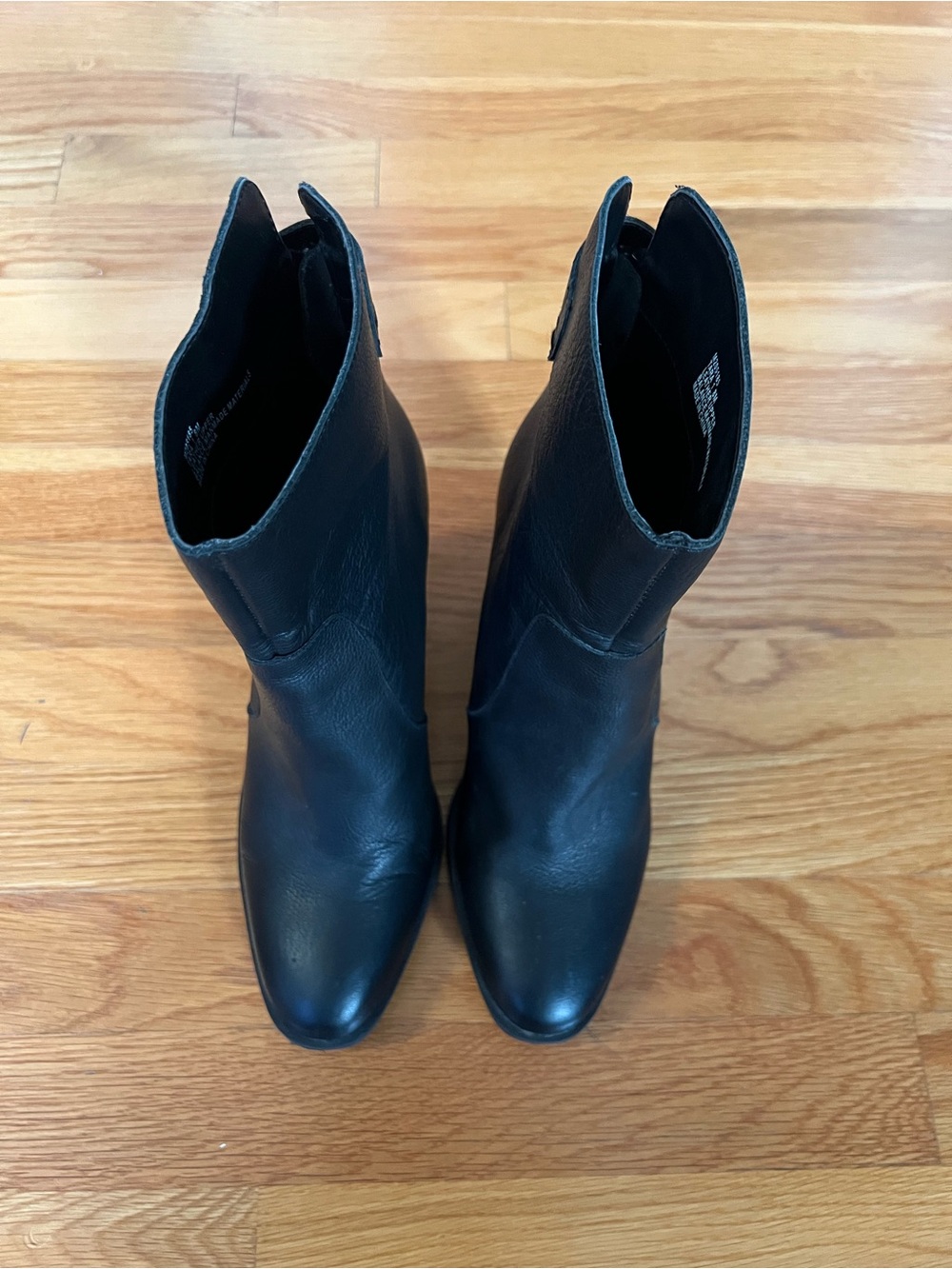 me too Black Leather Ankle Booties with Subtle Pointed Toe